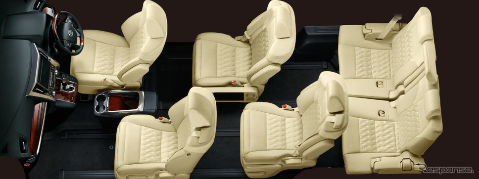 アルファードの内装。世界初の機構として採用された、ロングスライドレールにより、最大1,160mmの助手席スーパーロングスライドが可能です。シートサイドのスライドレバーを引くことで、助手席を後方に移動させるなど多彩なシートアレンジが楽しめます。